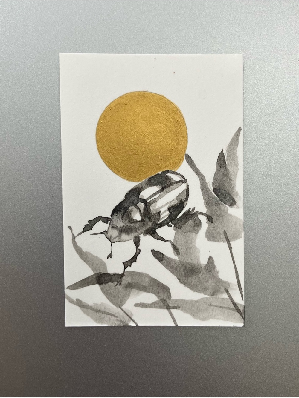 Original scarab beetle painting miniature realism art Sumi-e style ink USA